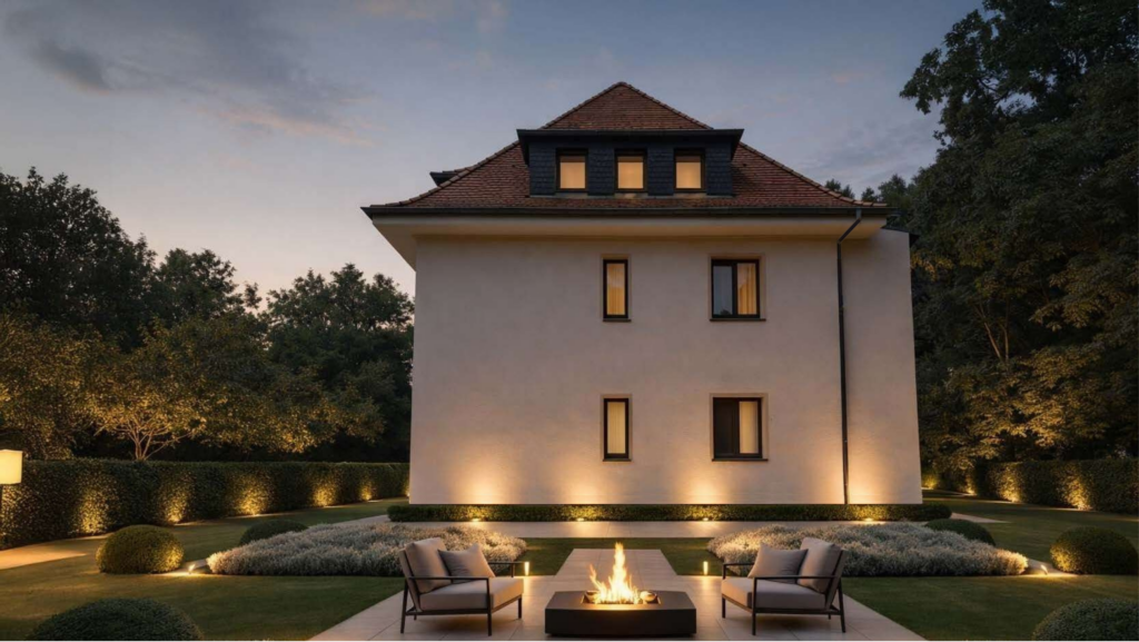 Mehrfamilienhaus in Leipzig-Thekla mit beleuchtetem Garten und Sitzbereich | Apartment building in Leipzig-Thekla with illuminated garden and outdoor seating area