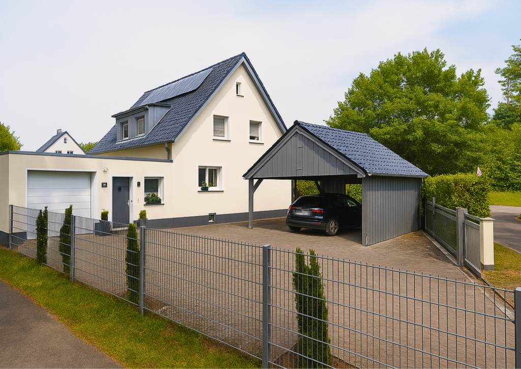 Einfamilienhaus mit Carport, Einfahrt und umzäuntem Grundstück | Detached house with carport, driveway and fenced property