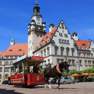 Rathaus Döbeln mit historischer Pferdebahn | Döbeln Town Hall with Historic Horse Tram