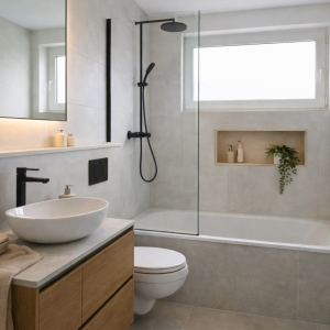 Badezimmer mit bodengleicher Dusche und Wanne | Bathroom with Walk-In Shower and Bathtub